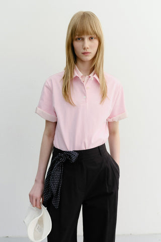 CROPPED SLIM COLLARED T-SHIRT PINK