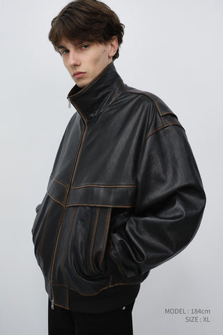 UNISEX STAND COLLARED LEATHER BLOUSON BRUSHED BROWN