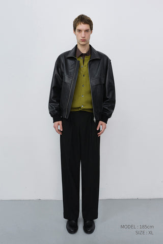 UNISEX STAND COLLARED LEATHER BLOUSON BLACK