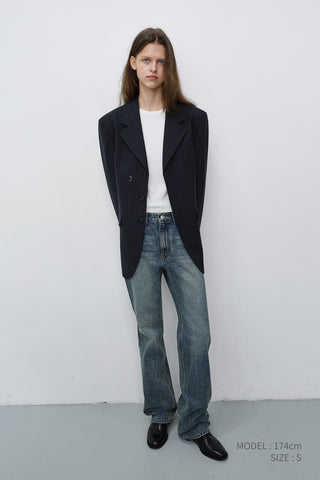 UNISEX REFINED MASCULINE WOOL BLAZER NAVY STRIPE