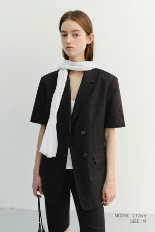 HALF SLEEVE BELTED LINEN JACKET BLACK
