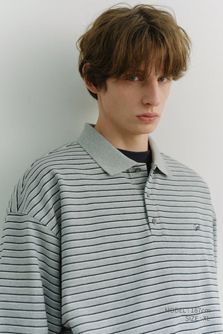 UNISEX STRIPED LOGO COLLARED T-SHIRT GREY