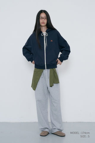 UNISEX LEATHER LOGO ZIP-UP HOODIE FRENCH NAVY