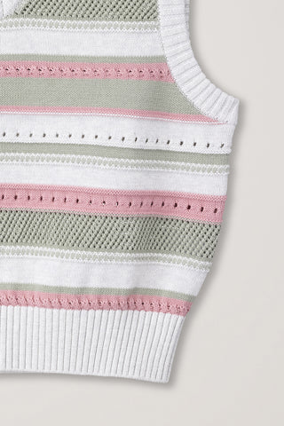 UNISEX CRAFTED STRIPED KNIT VEST IVORY MINT