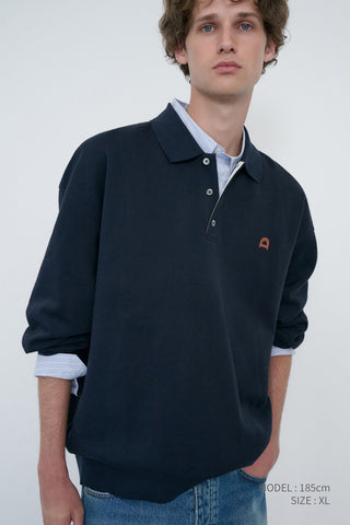 UNISEX LEATHER LOGO COLLARED T-SHIRT FRENCH NAVY