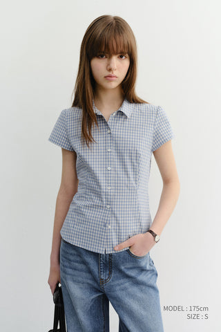 VINTAGE CAP SLEEVE SLIM SHIRT SOFT BLUE CHECK
