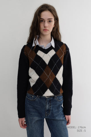 UNISEX HAIRY ALPACA ARGYLE SWEATER NAVY