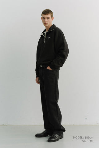 UNISEX LEATHER LOGO HALF ZIP-UP SWEATSHIRT BLACK