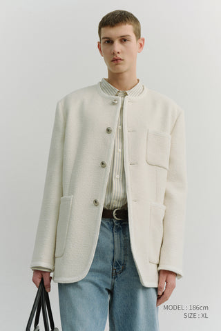 UNISEX COLLARLESS TWEED JACKET CREAM