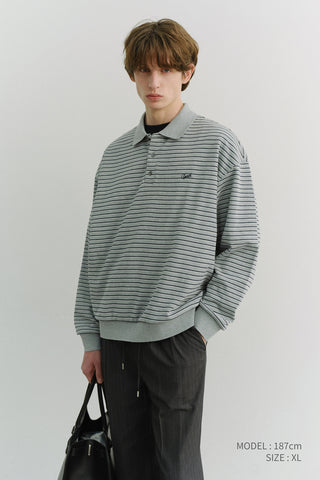 UNISEX STRIPED LOGO COLLARED T-SHIRT GREY
