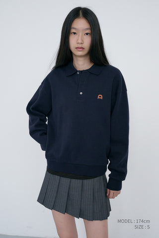 UNISEX LEATHER LOGO COLLARED T-SHIRT FRENCH NAVY