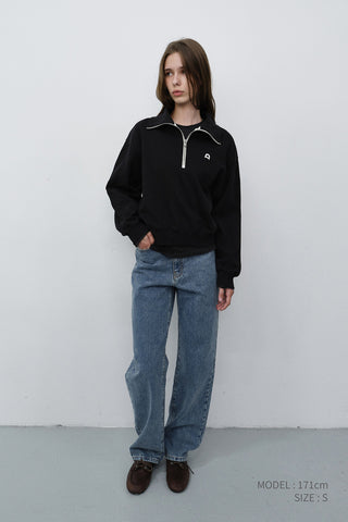 UNISEX LEATHER LOGO HALF ZIP-UP SWEATSHIRT BLACK