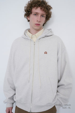 UNISEX LEATHER LOGO ZIP-UP HOODIE OATMEAL MELANGE