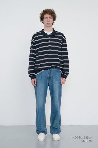 UNISEX MULTI STRIPE COLLARED T-SHIRT NAVY STRIPE