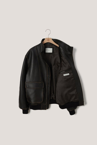 UNISEX STAND COLLARED LEATHER BLOUSON BRUSHED BLACK