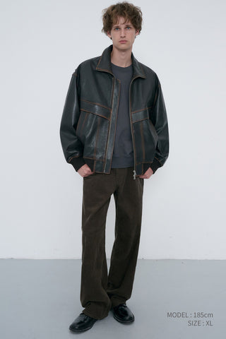 UNISEX STAND COLLARED LEATHER BLOUSON BRUSHED BROWN