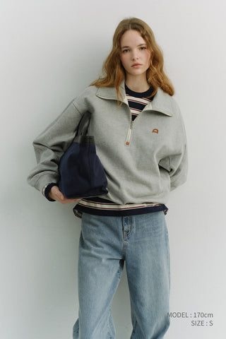 UNISEX LEATHER LOGO HALF ZIP-UP SWEATSHIRT MELANGE GREY