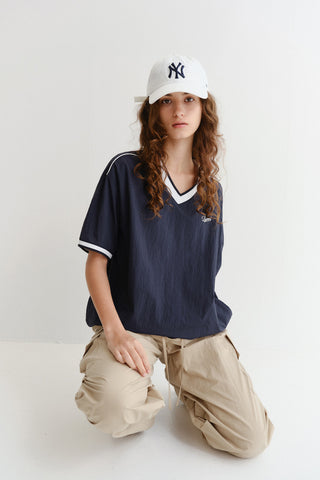 UNISEX V-NECK WOVEN TOP NAVY