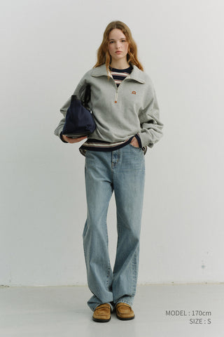 UNISEX LEATHER LOGO HALF ZIP-UP SWEATSHIRT MELANGE GREY
