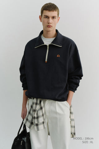 UNISEX LEATHER LOGO HALF ZIP-UP SWEATSHIRT FRENCH NAVY