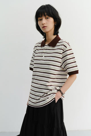 UNISEX STRIPED POLO SHIRT BROWN