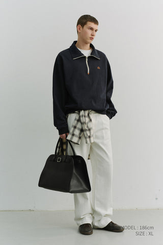 UNISEX LEATHER LOGO HALF ZIP-UP SWEATSHIRT FRENCH NAVY