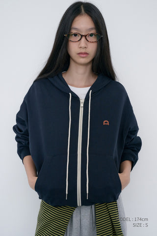 UNISEX LEATHER LOGO ZIP-UP HOODIE FRENCH NAVY
