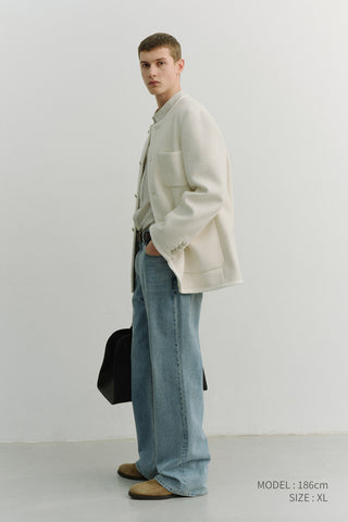 UNISEX COLLARLESS TWEED JACKET CREAM