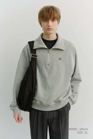UNISEX LEATHER LOGO HALF ZIP-UP SWEATSHIRT MELANGE GREY