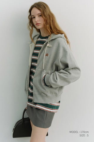 UNISEX LEATHER LOGO ZIP-UP HOODIE MELANGE GREY
