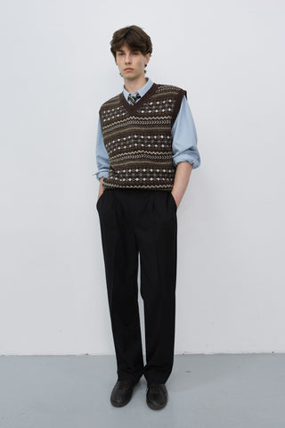 UNISEX CRAFTED V-NECK KNIT VEST DEEP BROWN