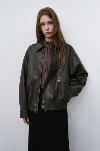 UNISEX ALTER-LEATHER ZIP-UP BLOUSON DARK BROWN