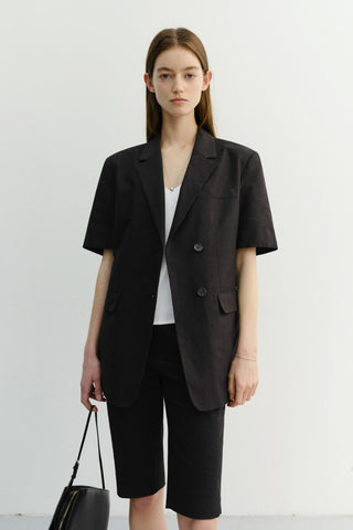 HALF SLEEVE BELTED LINEN JACKET BLACK