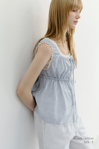 SHIRRING SLEEVELESS BLOUSE SOFT BLUE STRIPE