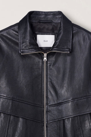 UNISEX STAND COLLARED LEATHER BLOUSON BLACK