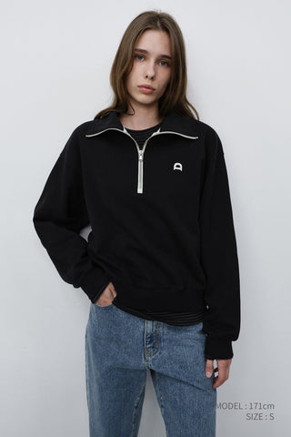 UNISEX LEATHER LOGO HALF ZIP-UP SWEATSHIRT BLACK