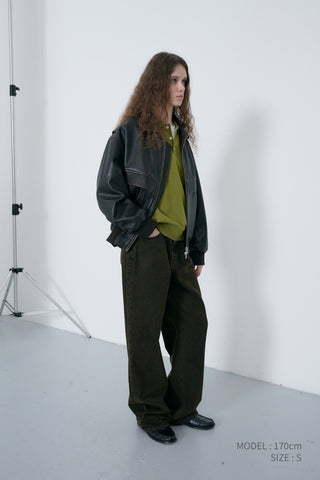 UNISEX LEATHER LOGO COLLARED T-SHIRT OLIVE