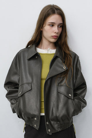 UNISEX CROPPED ALTER-LEATHER BLOUSON GREYISH KHAKI