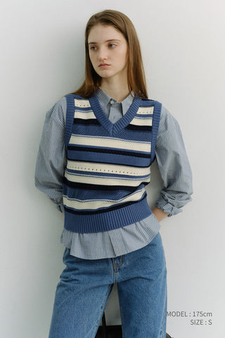 UNISEX CRAFTED STRIPED KNIT VEST BLUE CREAM