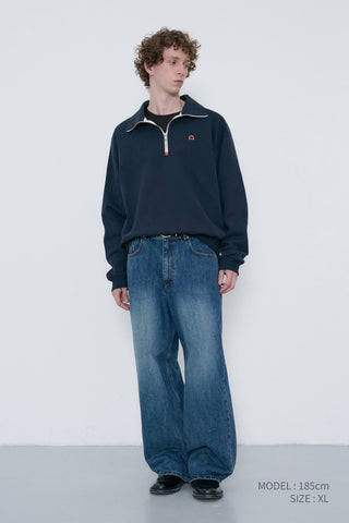UNISEX LEATHER LOGO HALF ZIP-UP SWEATSHIRT FRENCH NAVY