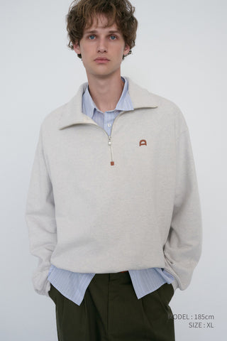 UNISEX LEATHER LOGO HALF ZIP-UP SWEATSHIRT OATMEAL MELANGE