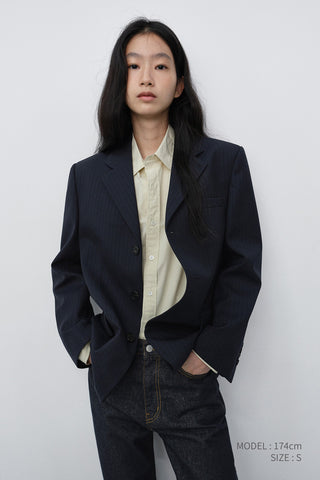 UNISEX CLASSIC 3 BUTTON WOOL BLAZER NAVY STRIPE