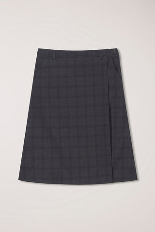 PLEATS MIDI WRAP CHECKED SKIRT CHARCOAL GREY CHECK