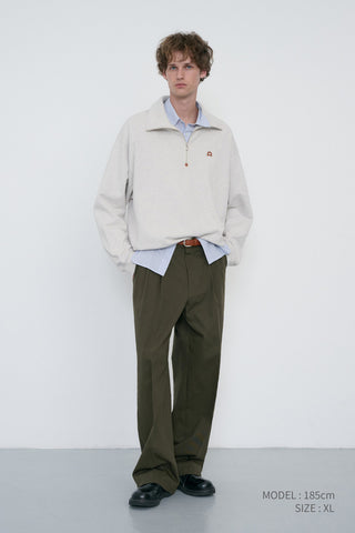 UNISEX LEATHER LOGO HALF ZIP-UP SWEATSHIRT OATMEAL MELANGE