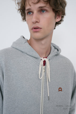 UNISEX LEATHER LOGO ZIP-UP HOODIE MELANGE GREY