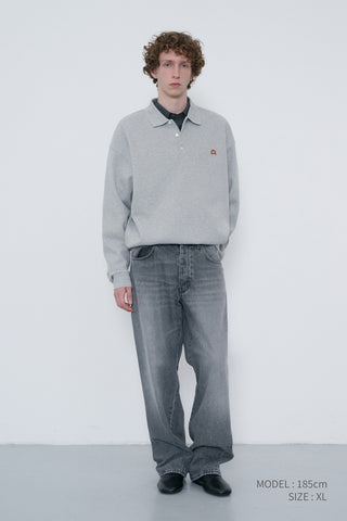 UNISEX LEATHER LOGO COLLARED T-SHIRT MELANGE GREY