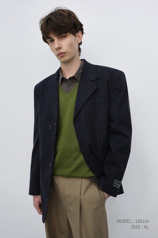 UNISEX REFINED MASCULINE WOOL BLAZER NAVY STRIPE