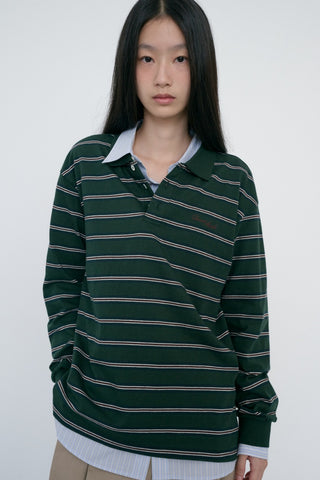 UNISEX MULTI STRIPE COLLARED T-SHIRT FOREST GREEN STRIPE