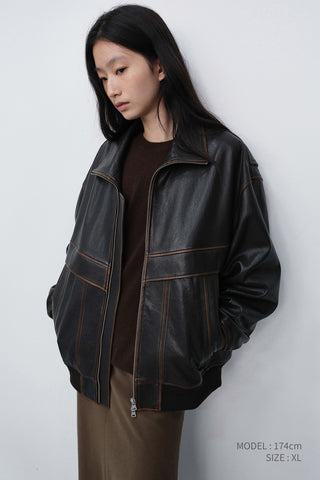 UNISEX STAND COLLARED LEATHER BLOUSON BRUSHED BROWN