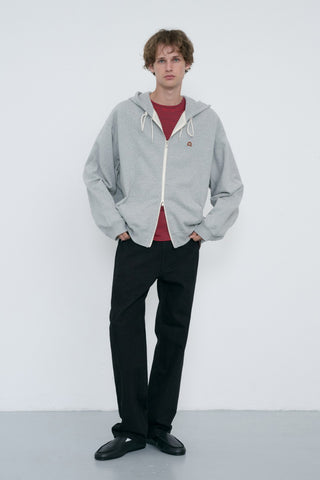 UNISEX LEATHER LOGO ZIP-UP HOODIE MELANGE GREY